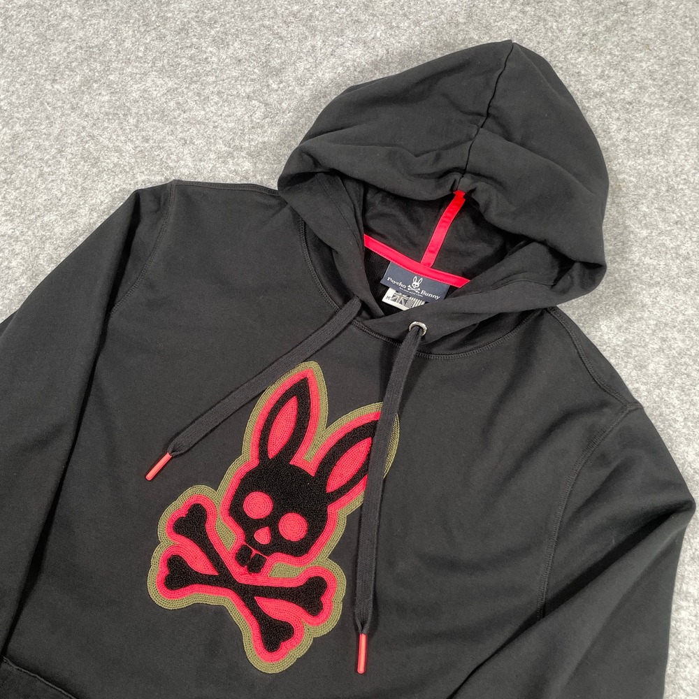 Psycho Bunny Mens Hoodie Size M Black Chenille Skull Crossbones Graphic Pullover